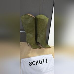 Schutz Maryana pointed toe calf hair high heel boots
